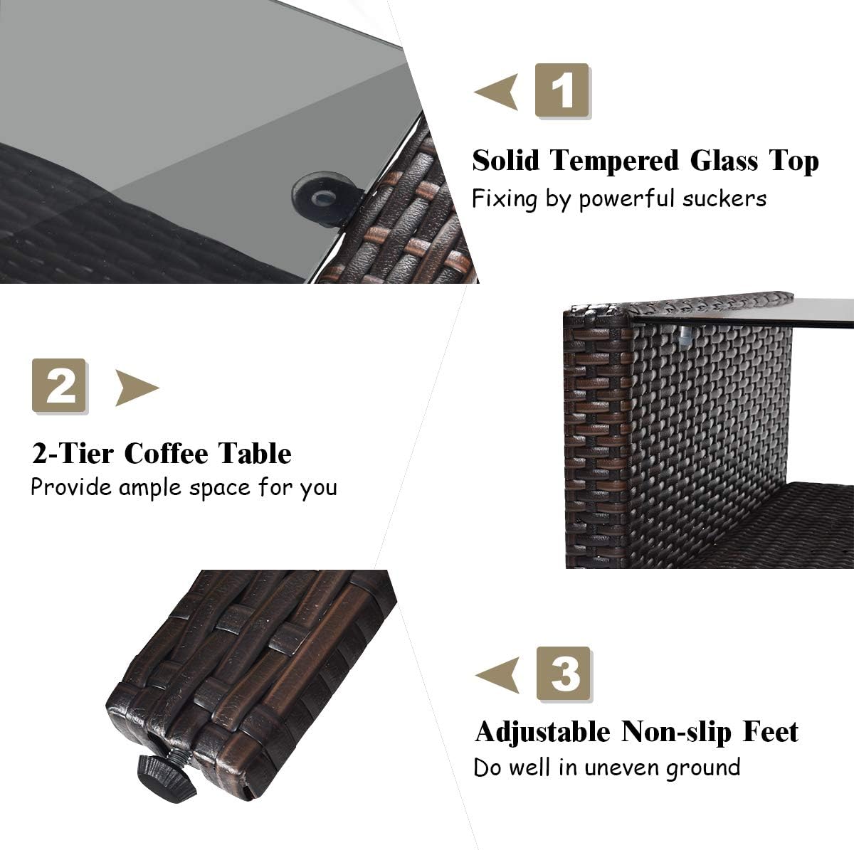 COSTWAY 4-Piece Patio Furniture Set, Sectional Wicker Rattan Sofa Chair with Cushion, Loveseat, Coffee Table with Tempered Glass and Shelf, Outdoor Conversation Sets for Poolside Porch (Brown)