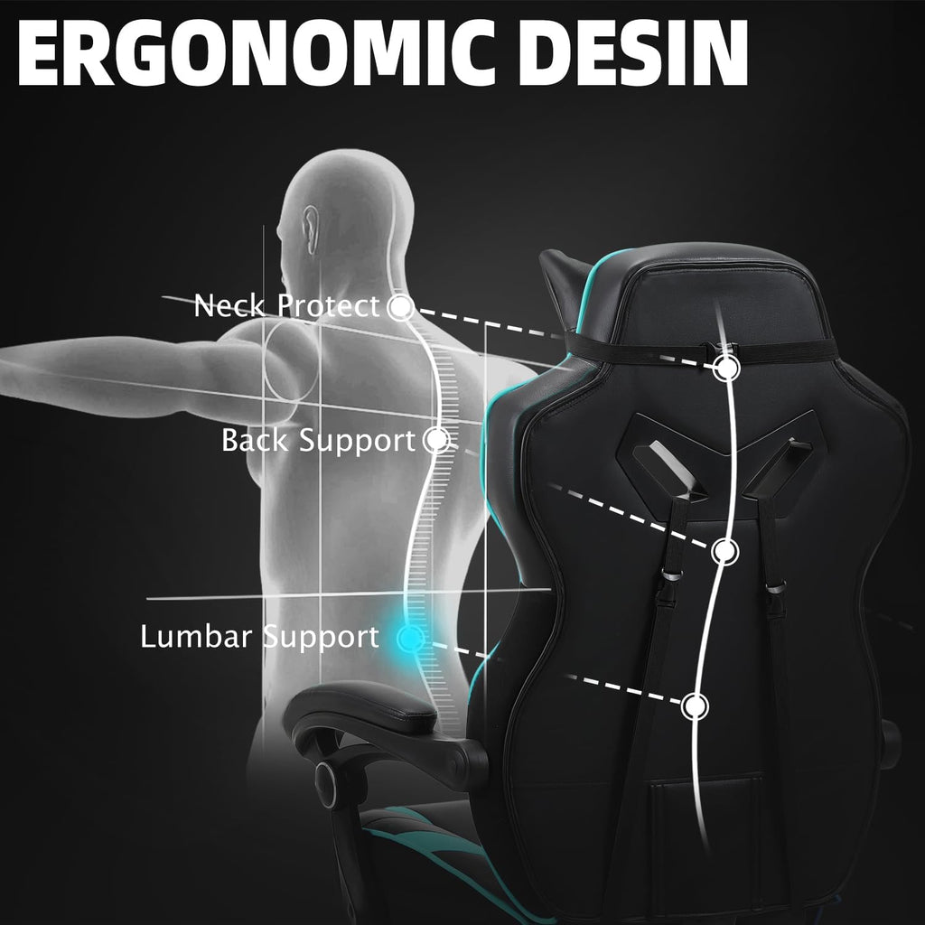 Vonesse Gaming Chair, Big and Tall Gaming Chair with Footrest and Massage, Gaming Chairs for Adults with Lumbar Support, Ergonomic High Back Computer Chair with Pocket Spring Cushion (Cyan/Black)
