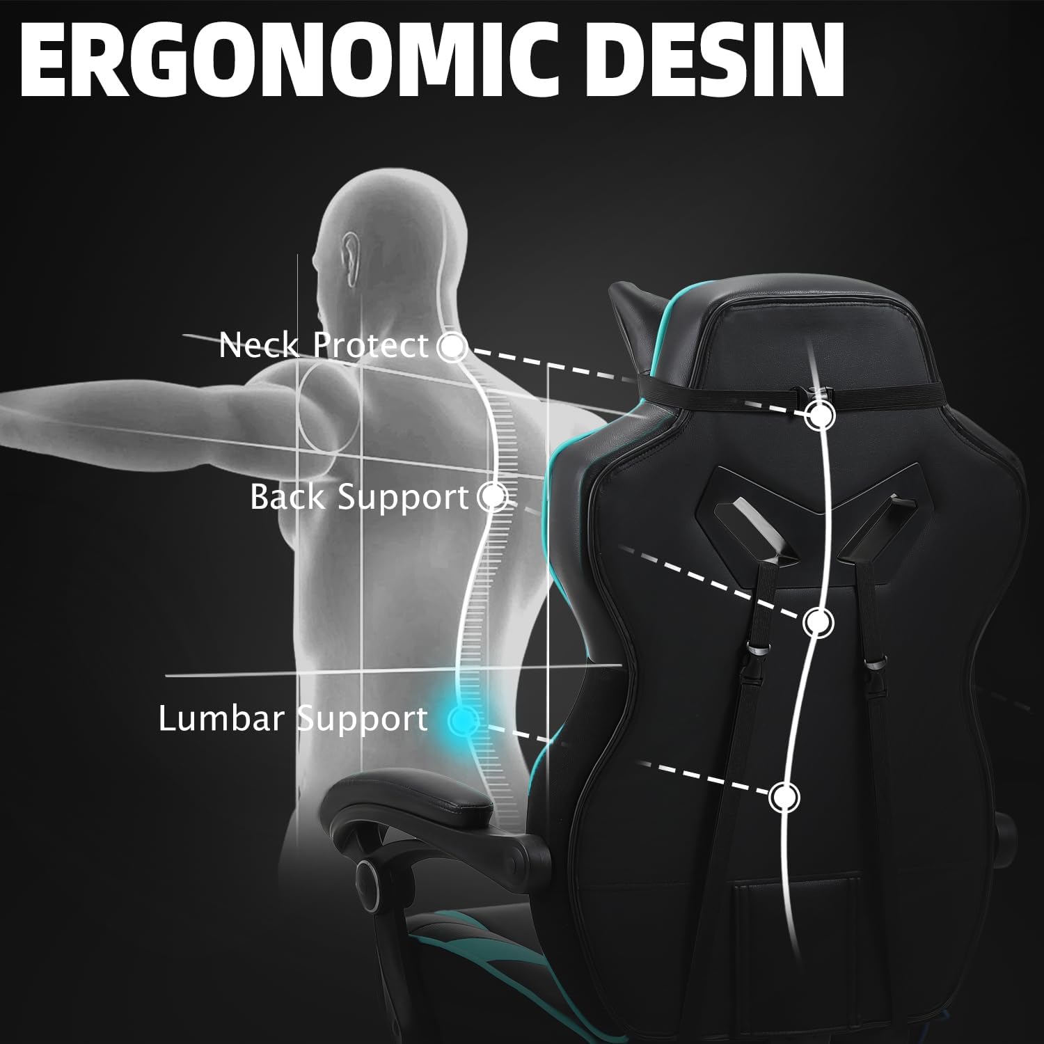 Vonesse Gaming Chair, Big and Tall Gaming Chair with Footrest and Massage, Gaming Chairs for Adults with Lumbar Support, Ergonomic High Back Computer Chair with Pocket Spring Cushion (Cyan/Black)
