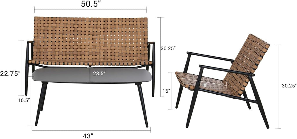 Grand patio 4 Pieces Outdoor Furniture Set, Leather-Look Patio Conversation Set, Vintage Brown Wicker Chairs Loveseat and 1 Coffee Table, Patio Furniture for Garden, Backyard, Porch