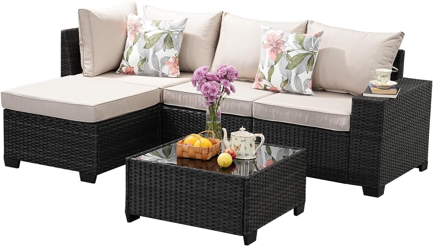 5 Pieces Outdoor Patio Furniture Set, Wicker Conversation Sets with Tea Table, Rattan Patio Sofa with Thick Cushions for Garden, Backyard, Poolside, Party, Beige