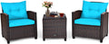 COSTWAY 3PCS Patio Furniture Set, PE Rattan Wicker Sofa w/Washable Cushion and Coffee Table, Tempered Glass Tabletop, Outdoor Conversation Set for Balcony, Porch, Yard, Backyard, Lawn, Turquoise