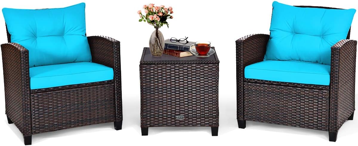COSTWAY 3PCS Patio Furniture Set, PE Rattan Wicker Sofa w/Washable Cushion and Coffee Table, Tempered Glass Tabletop, Outdoor Conversation Set for Balcony, Porch, Yard, Backyard, Lawn, Turquoise