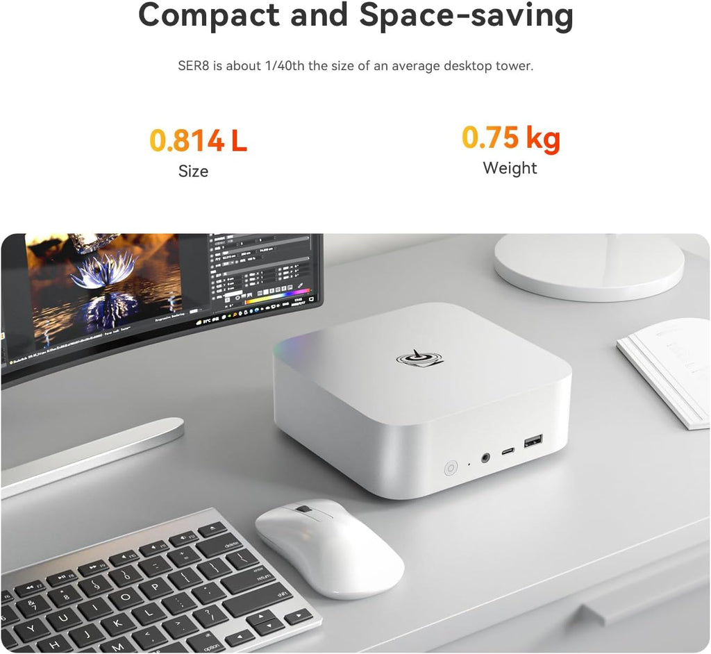 Beelink SER8 Mini PC, AMD Ryzen 7 8845HS(4nm, 8C/16T) up to 5.1GHz, Mini Computer 64GB DDR5 RAM 1TB M.2 NVME SSD, Desktop PC 4K@144Hz Triple Display/USB4/WiFi6/BT5.2/10Gbps/W-11 Pro
