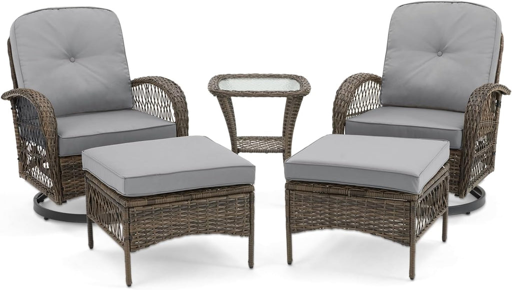 MELLCOM 5 Pieces Patio Furniture Set, Outdoor Swivel Rocker Patio Chairs with Ottomans, Wicker Conversation Set with Rocking Chair, Thickened Cushions, Glass Coffee Table for Backyard, Grey