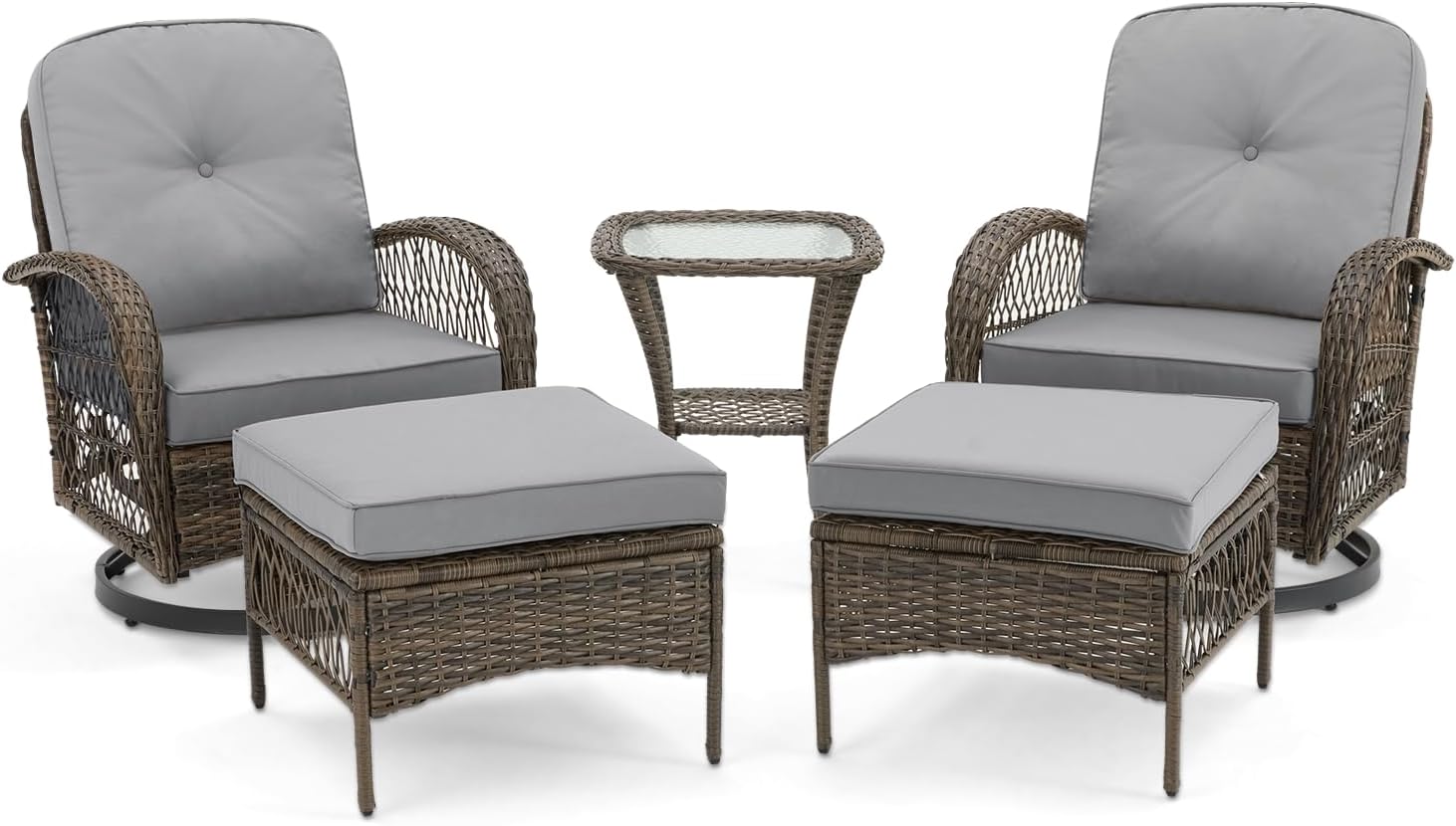 MELLCOM 5 Pieces Patio Furniture Set, Outdoor Swivel Rocker Patio Chairs with Ottomans, Wicker Conversation Set with Rocking Chair, Thickened Cushions, Glass Coffee Table for Backyard, Grey