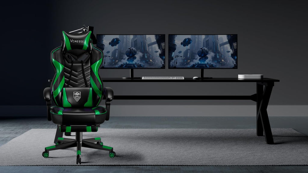 Vonesse Gaming Chair, Big and Tall Gaming Chair with Footrest and Massage, Gaming Chairs for Adults with Lumbar Support, Ergonomic High Back Computer Chair with Pocket Spring Cushion (Green/Black)