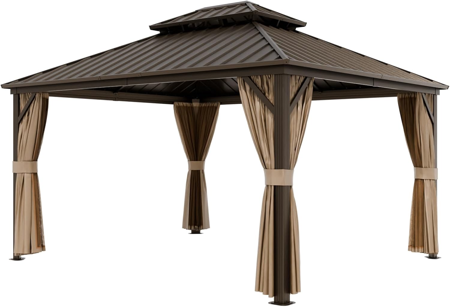 12x14 Hardtop Gazebo with Netting and Curtains, Galvanized Steel Double Roof Outdoor Pavilion with Aluminum Frame, Patio Gazebo for Deck, Garden, Lawn, Dark Brown/Tan