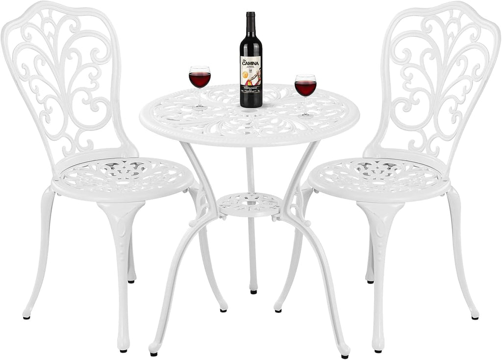 Bistro Set 3 Piece Outdoor Cast Aluminum Patio Bistro Set with Umbrella Hole, All Weather Bistro Table and Chairs Set, Small Patio Furniture Set for Garden, Porch,White