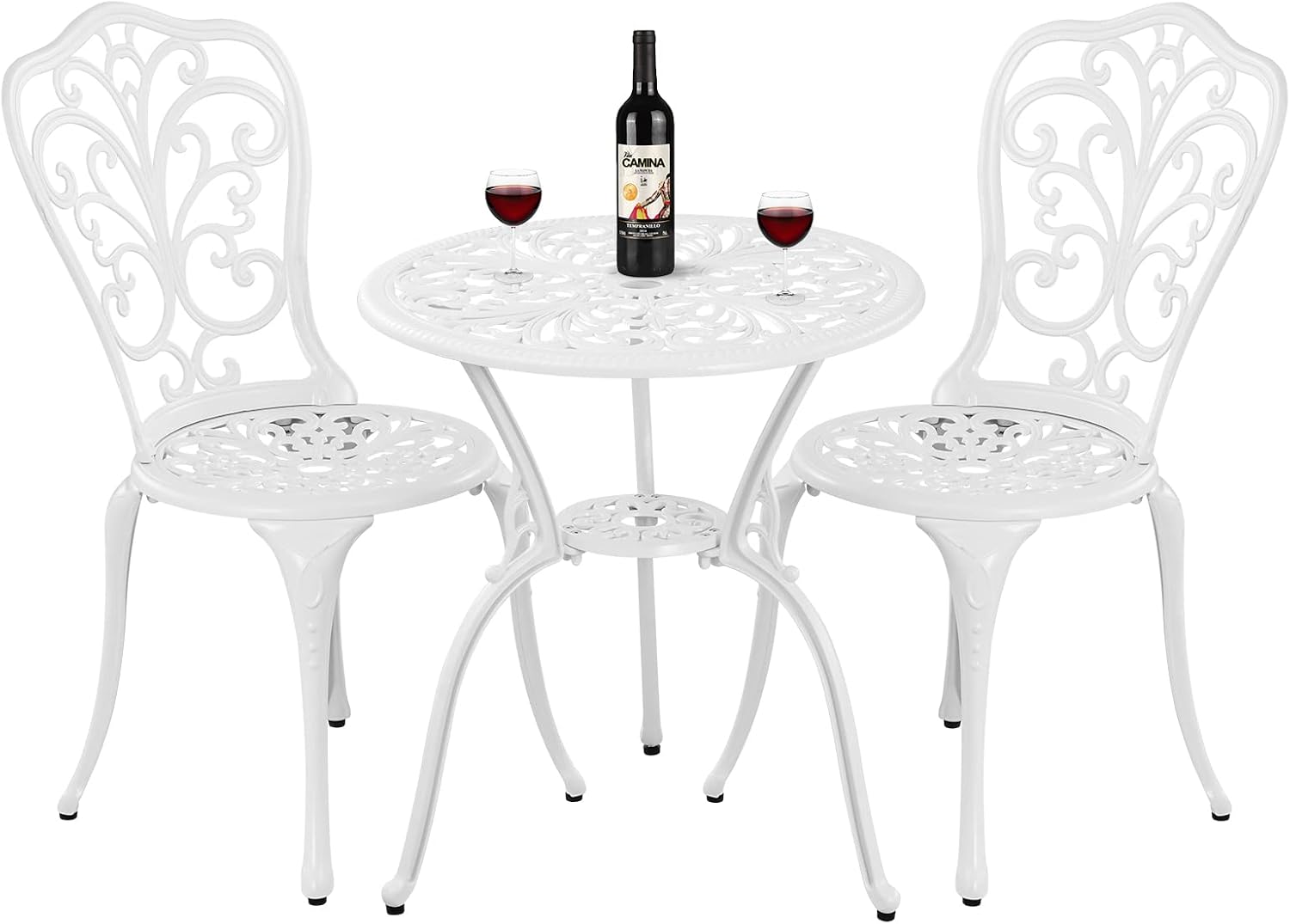Bistro Set 3 Piece Outdoor Cast Aluminum Patio Bistro Set with Umbrella Hole, All Weather Bistro Table and Chairs Set, Small Patio Furniture Set for Garden, Porch,White