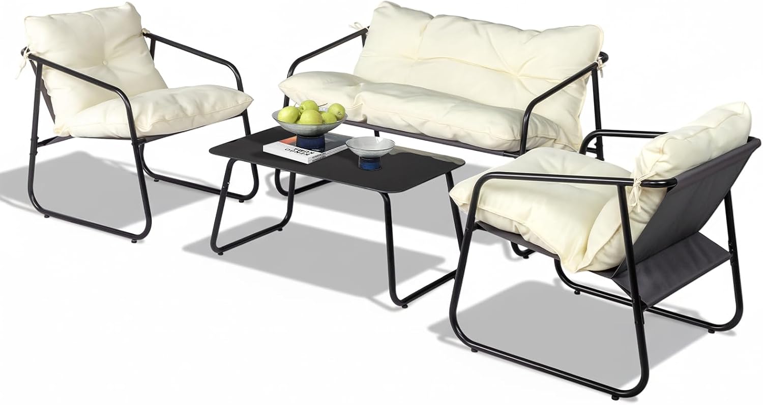 VINGLI 4 Piece Patio Conversation Set, Outdoor Furniture Set with Glass Coffee Table & Comfortable Cushion, All-Weather Cushioned Seating for Garden, Backyard, Porch, White