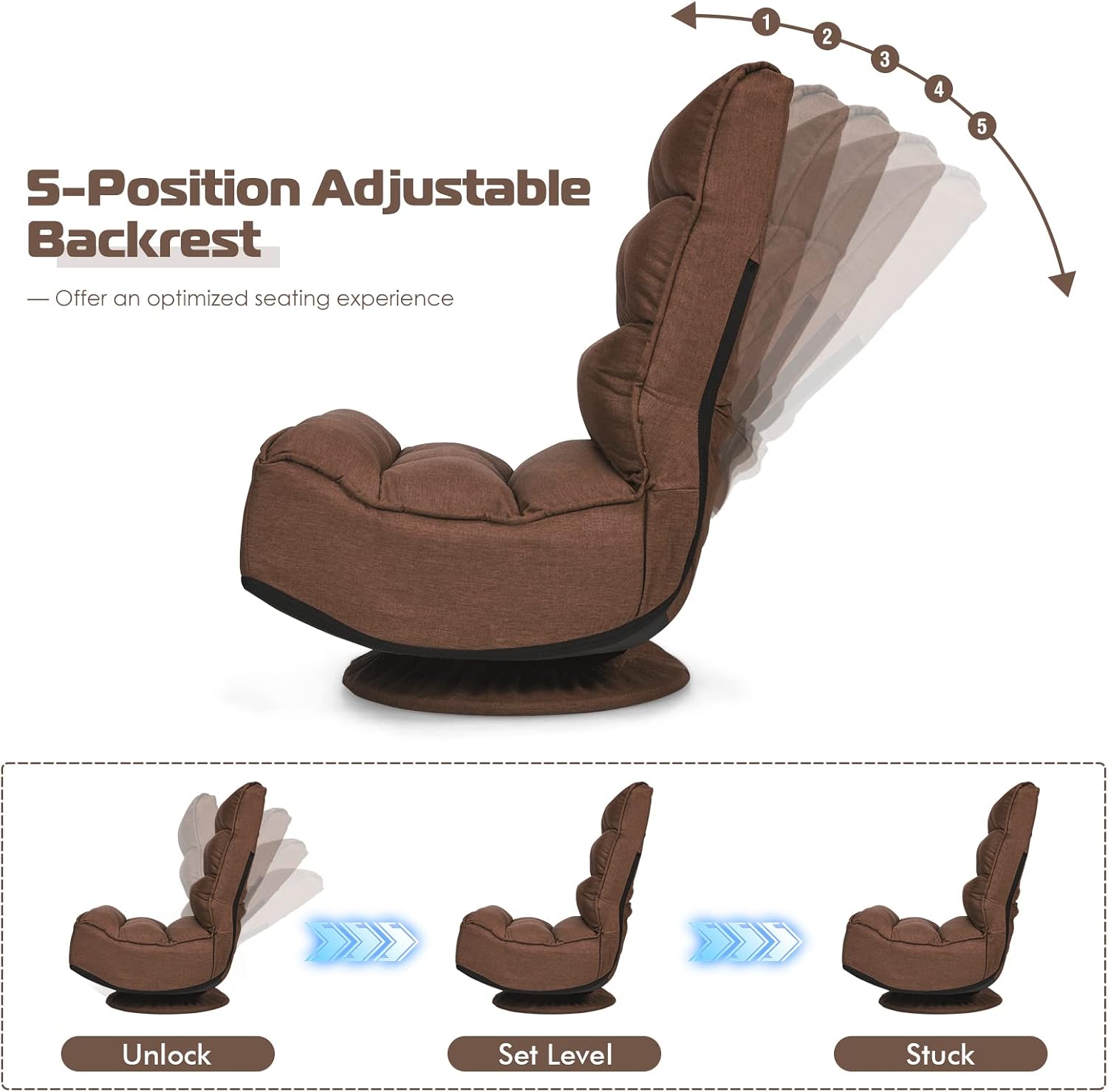 COSTWAY Folding Floor Chair, Adjustable 5-Position Video Gaming Chair with 360 Degree Swivel, Detachable Cover, Padded Backrest, Multipurpose Living Room Floor Lounger for TV Reading Playing, Coffee