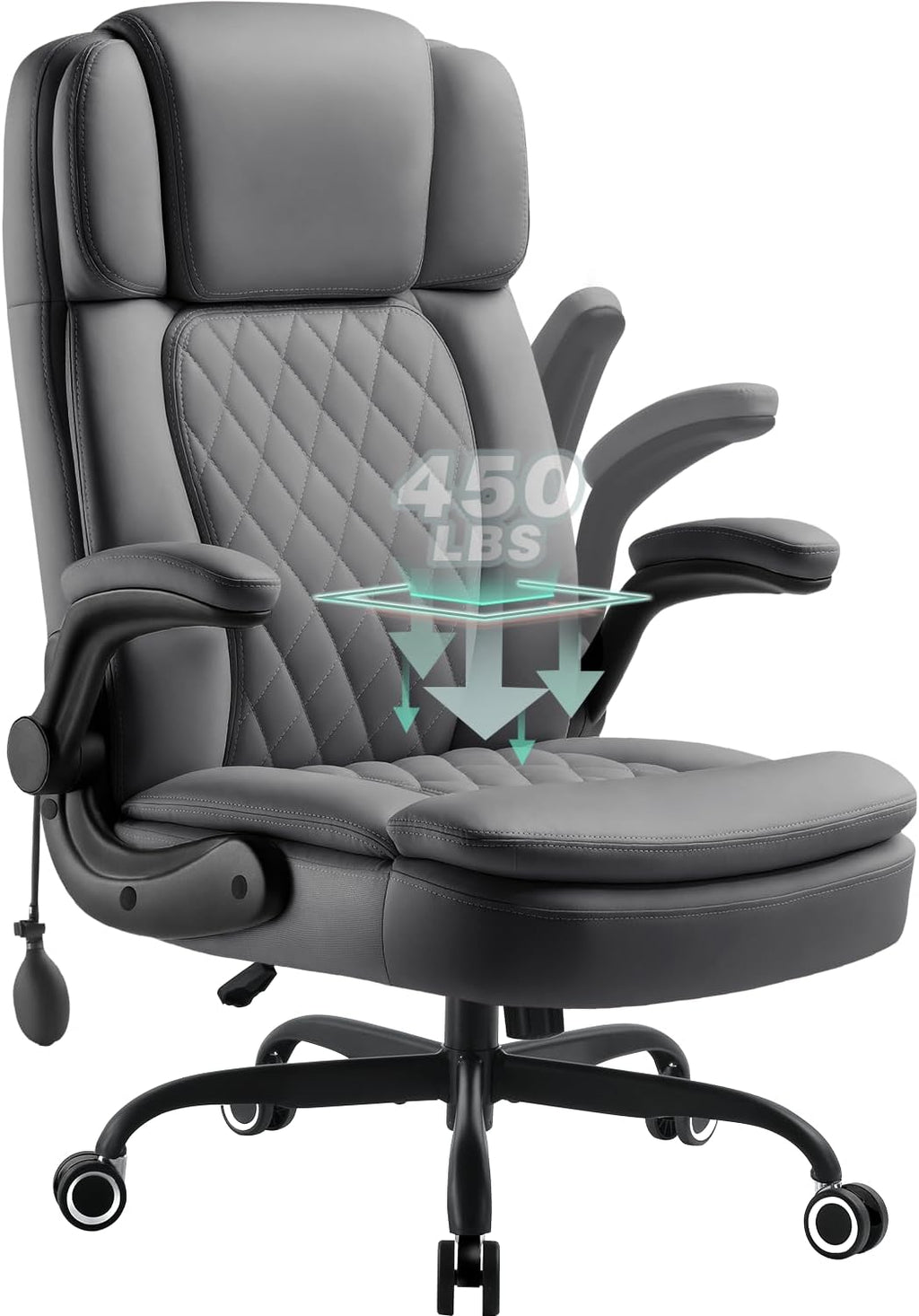 450 LBS Big and Tall Executive Office Chair with Flip up Arm, Heavy Duty Leather Computer Desk Chair,Comfortable High Back Swivel Home Office Chair with Rolling for Adults (Gray)