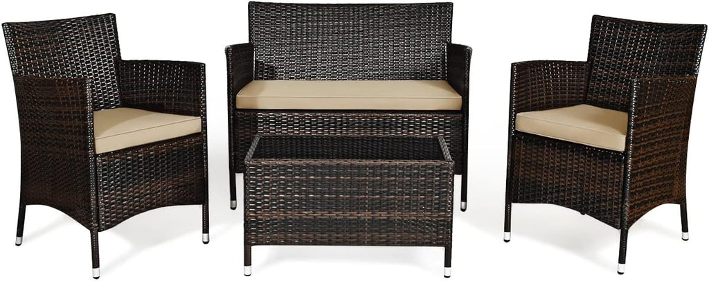 COSTWAY 4PCS Rattan Patio Furniture Set, Outdoor Wicker Rattan Chairs with Coffee Table, Rattan Cushioned Conversation Set for Backyard Balcony Porch Poolside, Brown