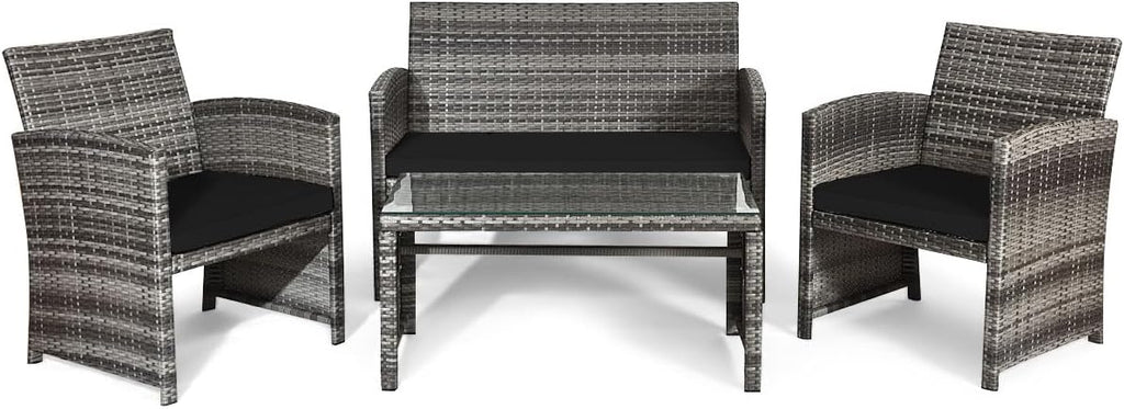 Giantex 4 Pc Patio Conversation Set, Rattan Loveseat & Patio Chairs with Cushioned Seat, Wicker Coffee Table, Outdoor Furniture Set for Front Porch Poolside Garden Lawn