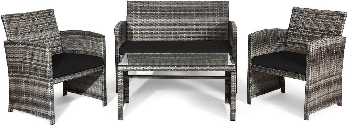 Giantex 4 Pc Patio Conversation Set, Rattan Loveseat & Patio Chairs with Cushioned Seat, Wicker Coffee Table, Outdoor Furniture Set for Front Porch Poolside Garden Lawn