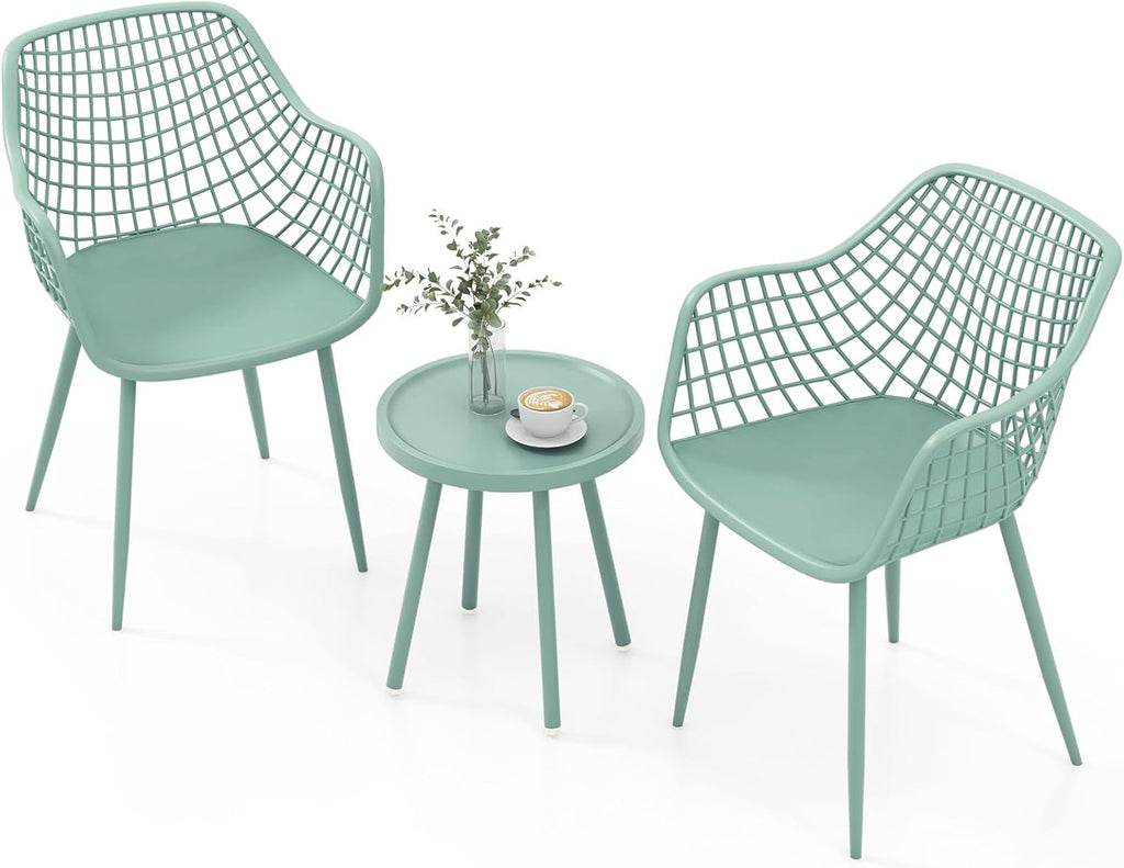 Giantex 3 Piece Patio Furniture Set, Outdoor Bistro Table and Chairs Set of 2, PP Seat & Metal Legs, Small Conversation Set for Balcony Front Porch Deck Backyard Lawn (Mint Green)