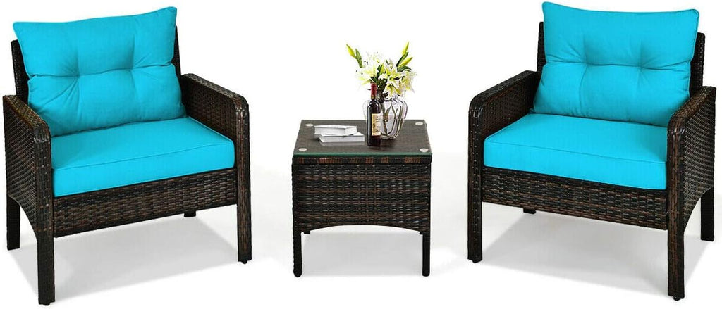 HAPPYGRILL 3 Piece Patio Furniture Set Outdoor Rattan Wicker Coffee Table & Chairs Set with Seat Cushions Patio Conversation Set for Garden Balcony Backyard Poolside