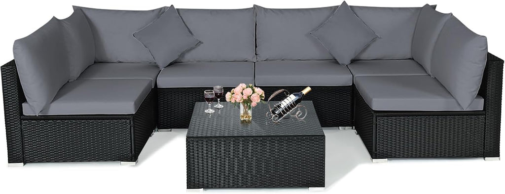 Tangkula 7-Piece Patio Furniture Set, Outdoor Sectional Sofa with Pillows and Cushions, Wicker Conversation Set with Coffee Table and Tea Table for Garden, Lawn (Grey)