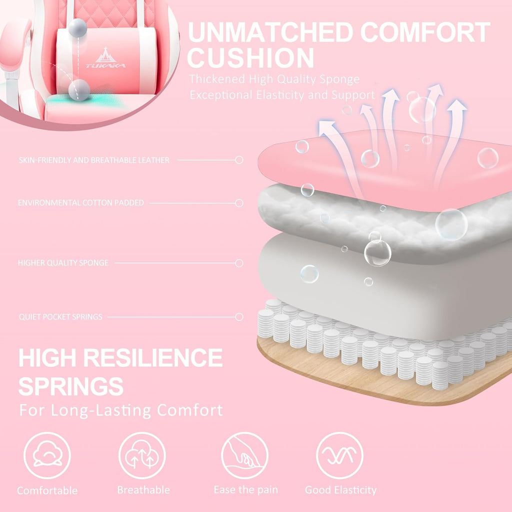 Pink Gaming Chair,Ergonomic Massage Computer Office Desk Chai r with Footrest,Pocket Spring Cushion,Reclining Leather Adjustable Gamer Chair with Headrest and Lumbar Support,Pink