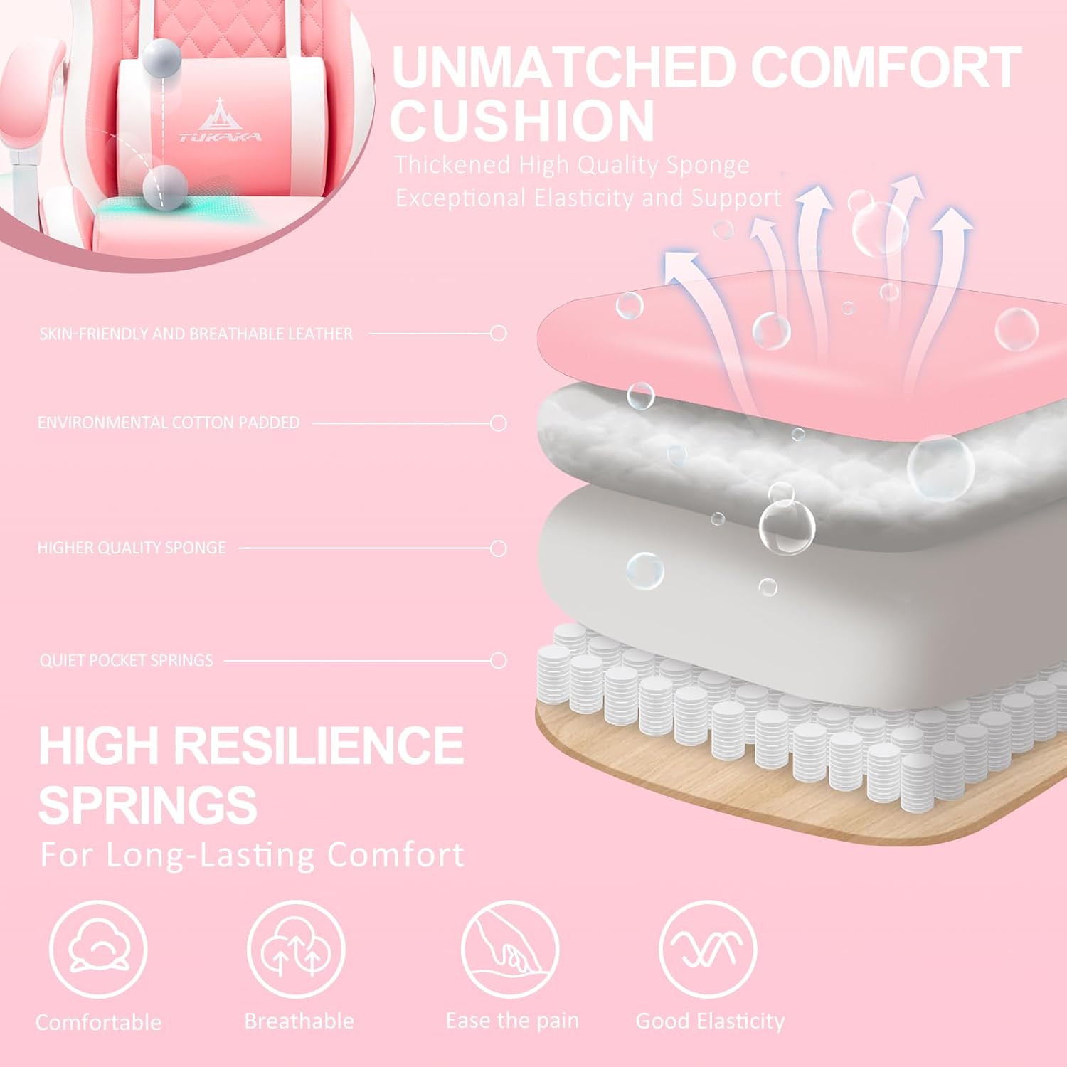 Pink Gaming Chair,Ergonomic Massage Computer Office Desk Chai r with Footrest,Pocket Spring Cushion,Reclining Leather Adjustable Gamer Chair with Headrest and Lumbar Support,Pink