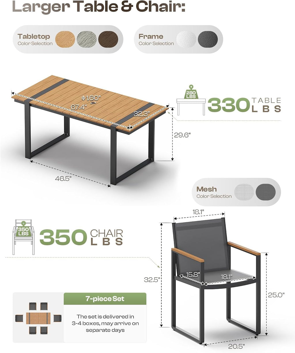 Outdoor Dining Set, HDPS + Aluminum Patio Table and Chairs Set with U-Shaped Base, 7 Piece Outdoor Furniture Set with Umbrella Hole, Patio Dining Table Set for Garden, Backyard (Gray-Teak)