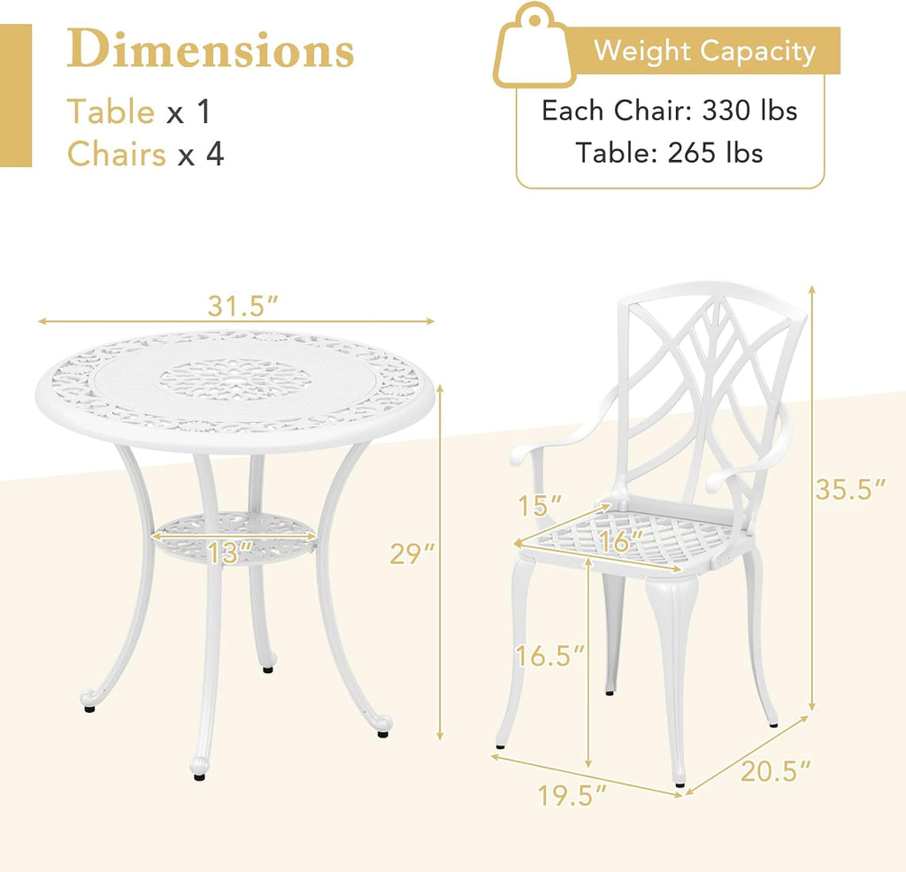 Tangkula 5 Pieces Cast Aluminum Outdoor Dining Set, Round Dining Table with 2' Umbrella Hole & 4 Armchairs, All-Weather Outdoor Furniture Set for Patio, Balcony, Garden & Backyard, White