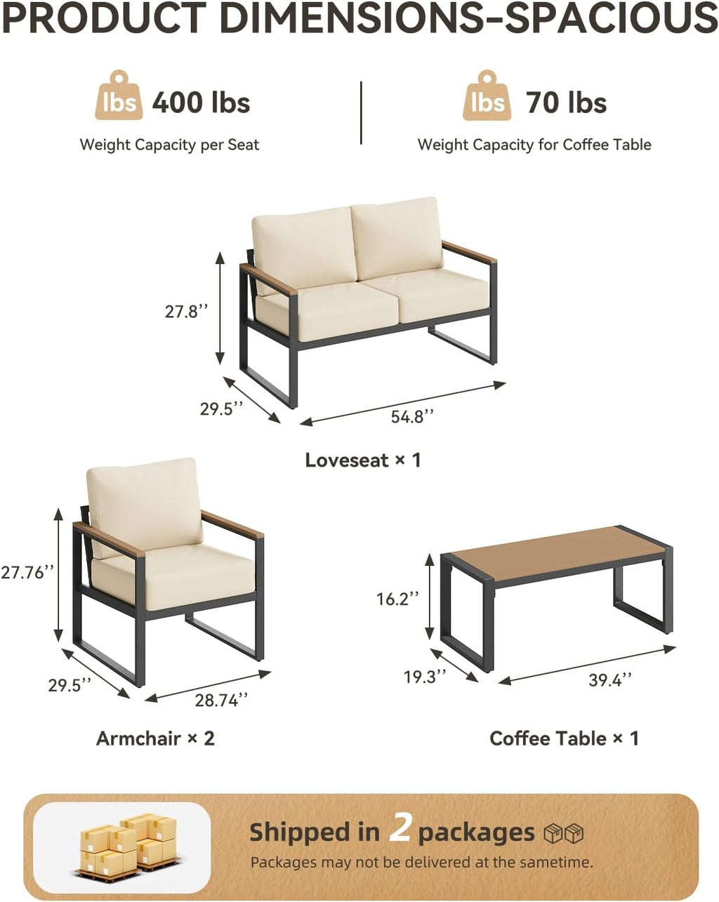 Aoxun Patio Furniture Set, 4 Piece Outdoor Patio Furniture with Thick Cushions, Modern Metal Outdoor Conversation Sets with Coffee Table for Porch, Balcony, Deck Beige
