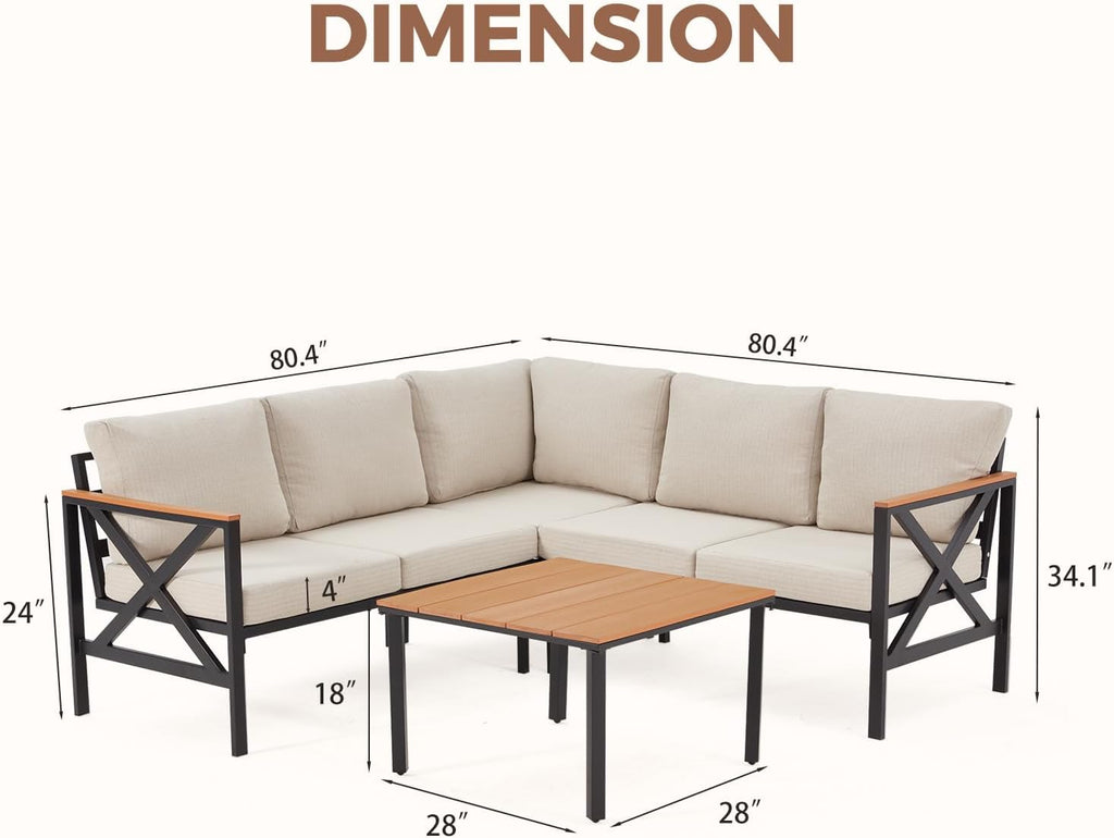 EROMMY 6 Pieces Patio Furniture Sets, Metal Outdoor Sectional Furniture L Shape Patio Conversation Sets with Fauxwood Coffee Table & 6.5' Olefin Cushions for Backyard, Garden, Poolside