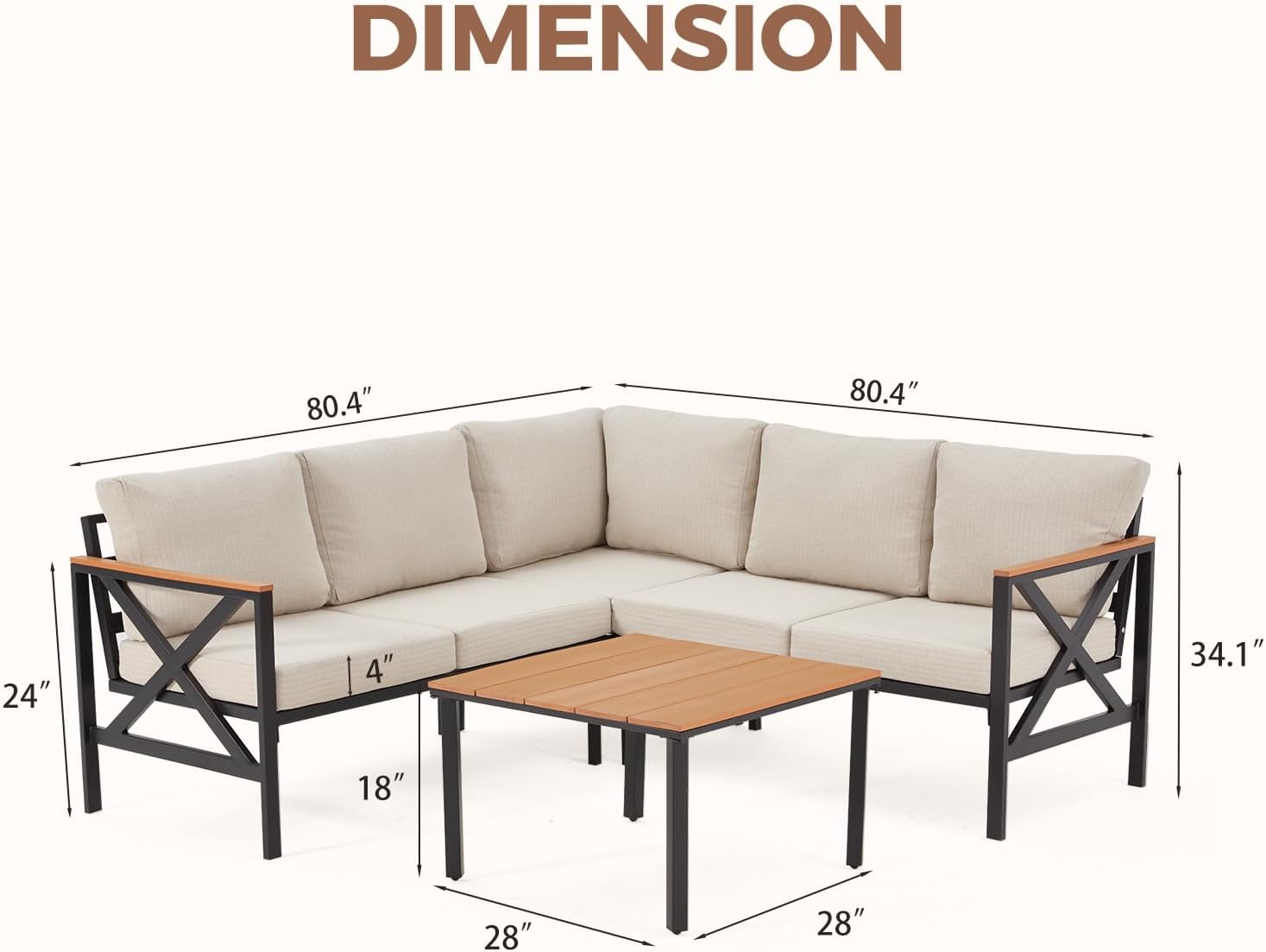 EROMMY 6 Pieces Patio Furniture Sets, Metal Outdoor Sectional Furniture L Shape Patio Conversation Sets with Fauxwood Coffee Table & 6.5' Olefin Cushions for Backyard, Garden, Poolside