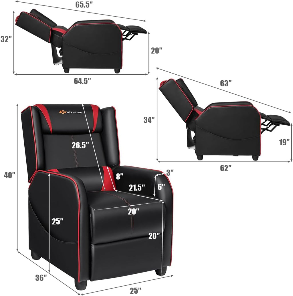 Goplus Massage Gaming Recliner Chair, Racing Style PU Leather Single Recliner Sofa with Footrest, Adjustable Modern Living Room Recliners, Ergonomic Home Theater Recliner Seat (Red)