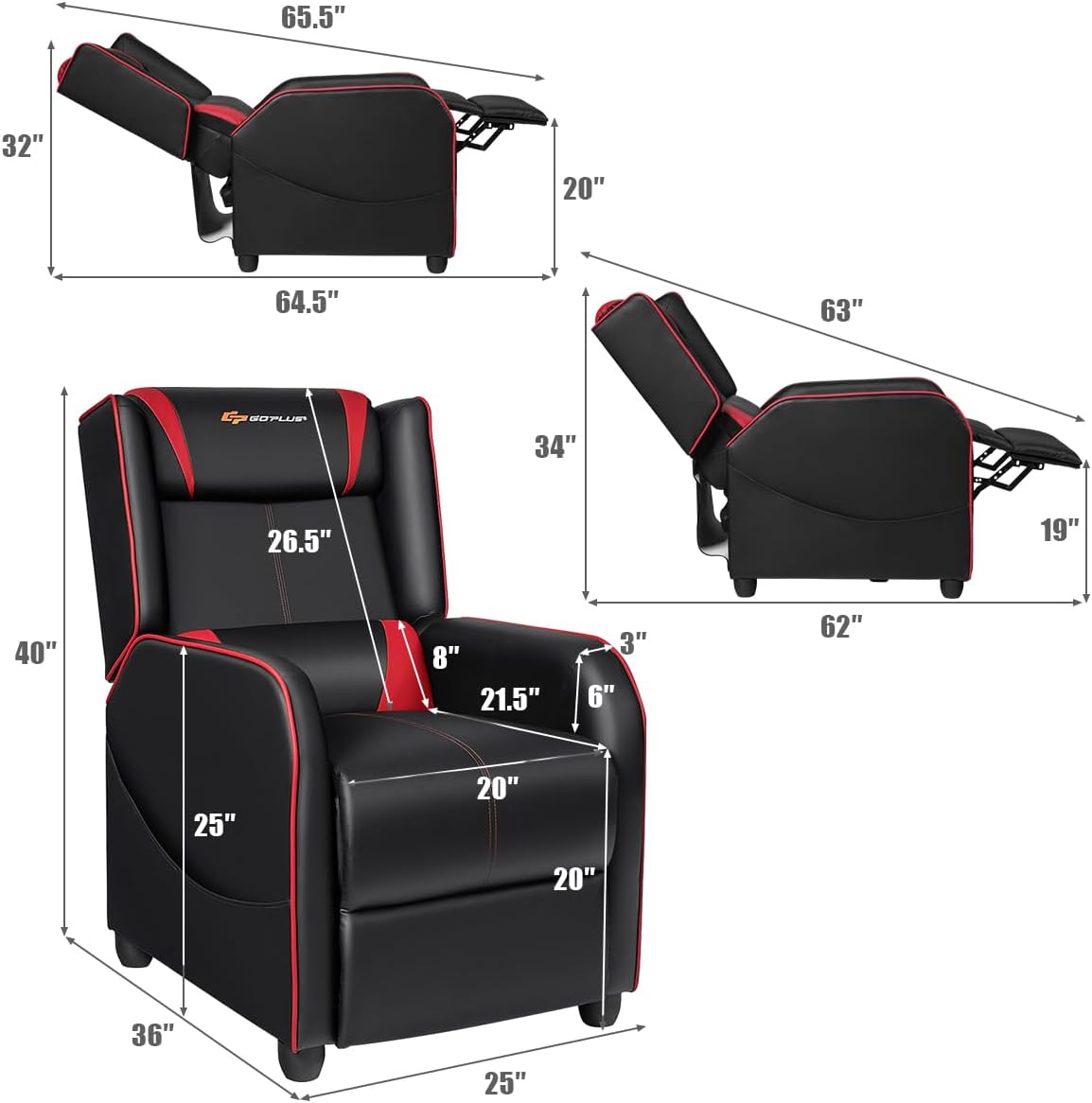 Goplus Massage Gaming Recliner Chair, Racing Style PU Leather Single Recliner Sofa with Footrest, Adjustable Modern Living Room Recliners, Ergonomic Home Theater Recliner Seat (Red)