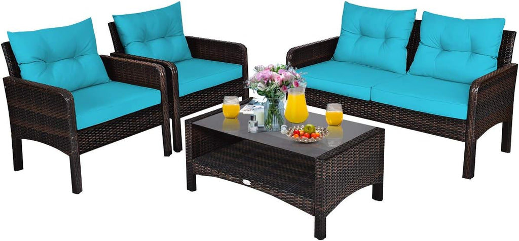 COSTWAY 4-Piece Patio Furniture Set, Sectional Wicker Rattan Sofa Chair with Cushion, Loveseat, Coffee Table with Tempered Glass and Shelf, Outdoor Conversation Sets for Poolside Porch (Turquoise)