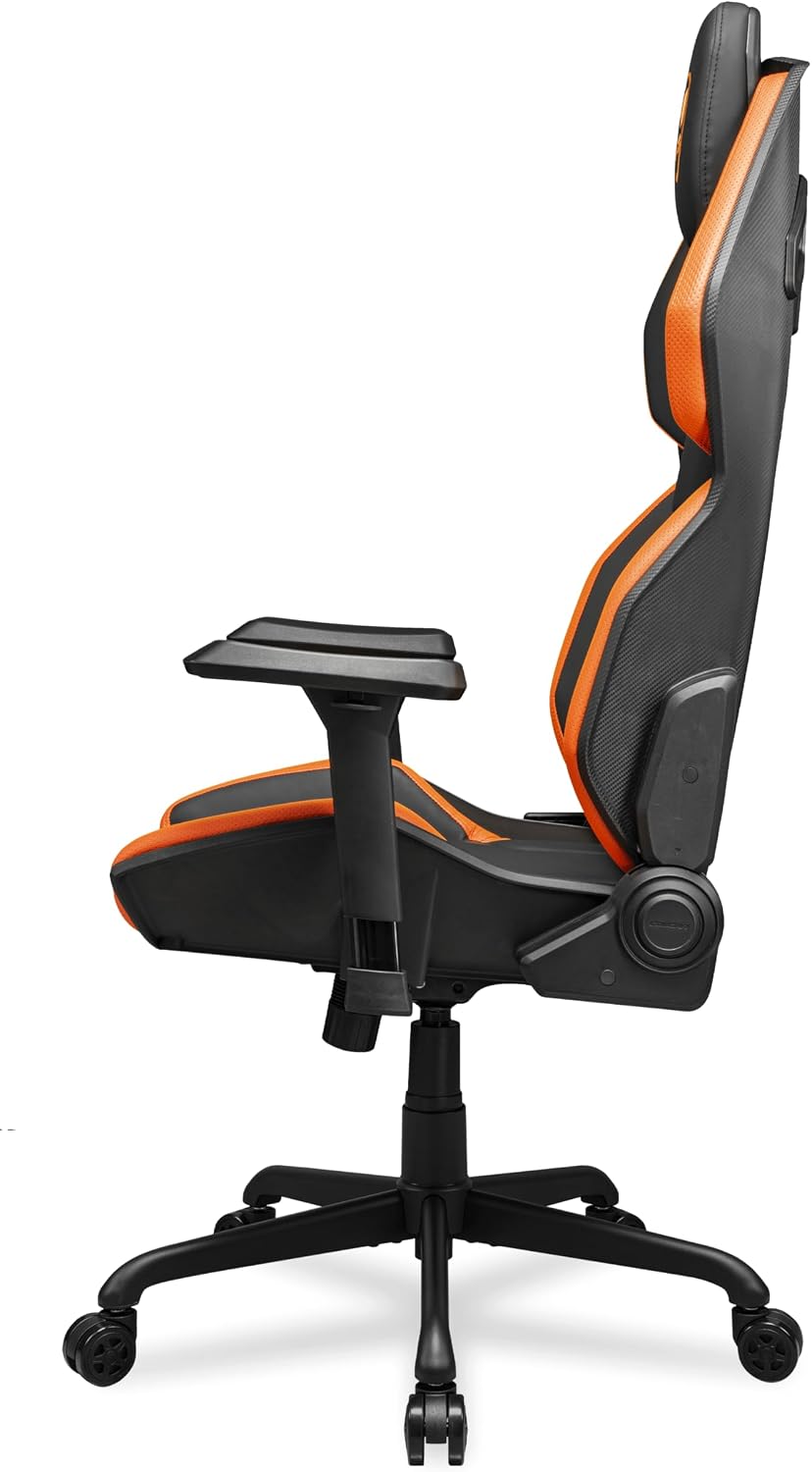 Cougar Hotrod Ergonomic and Comfortable Gaming Chair with Head and Lumbar Support, Steel Frame and Base, Reclining Backrest, Tilt Mechanism, Premium Hyper-Dura Leatherette, 3D Armrest, BK/Orange