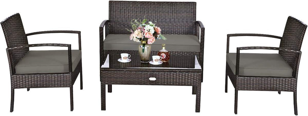 HAPPYGRILL 4-Piece Patio Furniture Set, Garden Pool Lawn Rattan Wicker Conversation Set, Loveseat Sofa Cushioned Seat & Glass Top Coffee Table