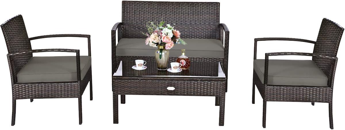 HAPPYGRILL 4-Piece Patio Furniture Set, Garden Pool Lawn Rattan Wicker Conversation Set, Loveseat Sofa Cushioned Seat & Glass Top Coffee Table
