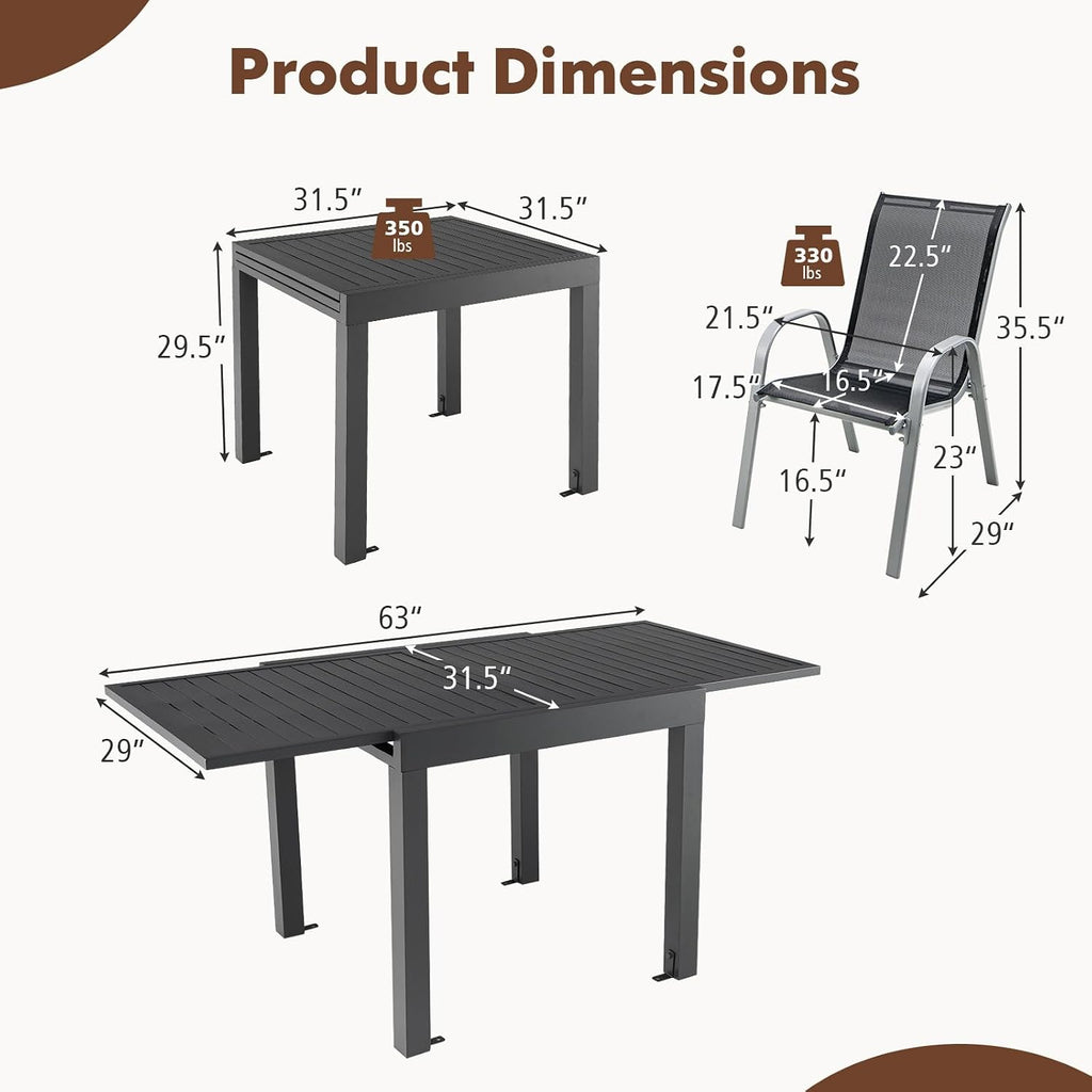 Tangkula 5 Piece Patio Dining Set for 4, Patio Furniture Set with Extendable Aluminum Table & 4 Metal Stackable Chairs, Outdoor Table and Chairs Set for Backyard Garden Deck