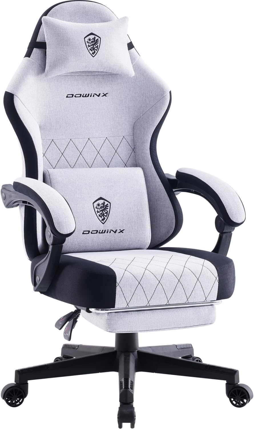 Dowinx Gaming Chair, Fabric Gaming Chairs for Adults with Pocket Spring Cushions and Lumbar Support, Ergonomic Massage Computer Chair with Footrest for Big and Tall, Gray