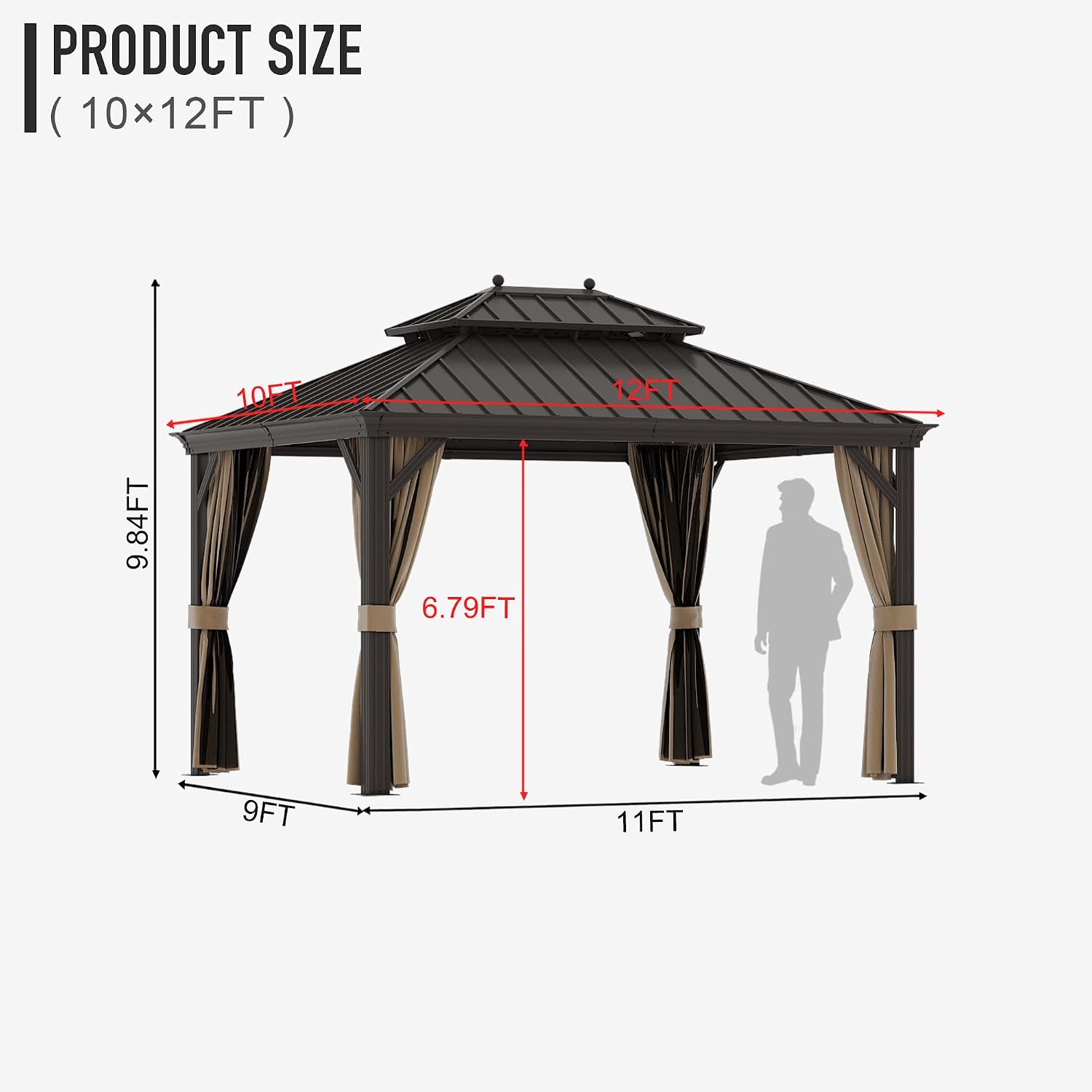 10' X 12' Hardtop Gazebo, Outdoor Galvanized Steel Double Roof Permanent Aluminum Frame Pavilion Pergola Canopy with Privacy Curtains for Garden, Patio, Backyard, Deck and Lawns