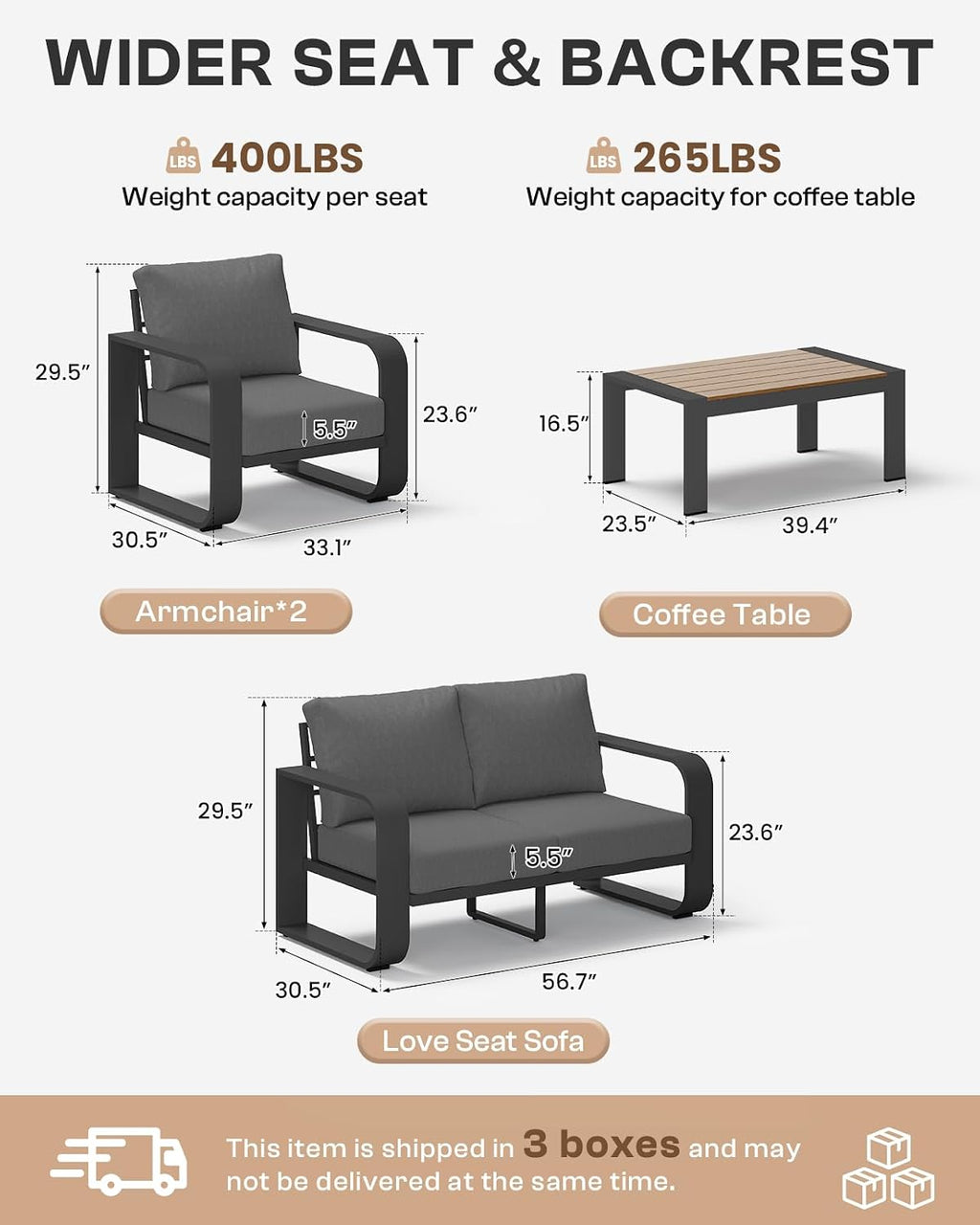 Aluminum Outdoor Sofa Bistro Set, Oversized Patio Conversation Sets Widened Armrest & Ultra-Thick Cushions, Deep Seating Patio Furniture Set for Backyard, Deck, Graphite