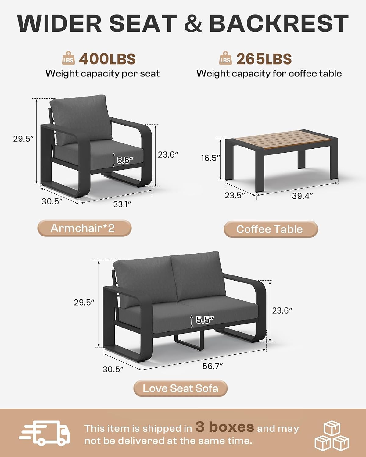 Aluminum Outdoor Sofa Bistro Set, Oversized Patio Conversation Sets Widened Armrest & Ultra-Thick Cushions, Deep Seating Patio Furniture Set for Backyard, Deck, Graphite
