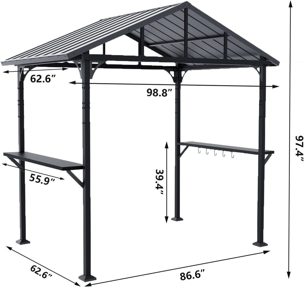Gotland 8' x 5' Grill Gazebo, Outdoor Metal BBQ Gazebo with Triangular Structure Roof & Drainage Holes, Grill Canopy with 2 Side Shelves, for Deck Lawn Backyard