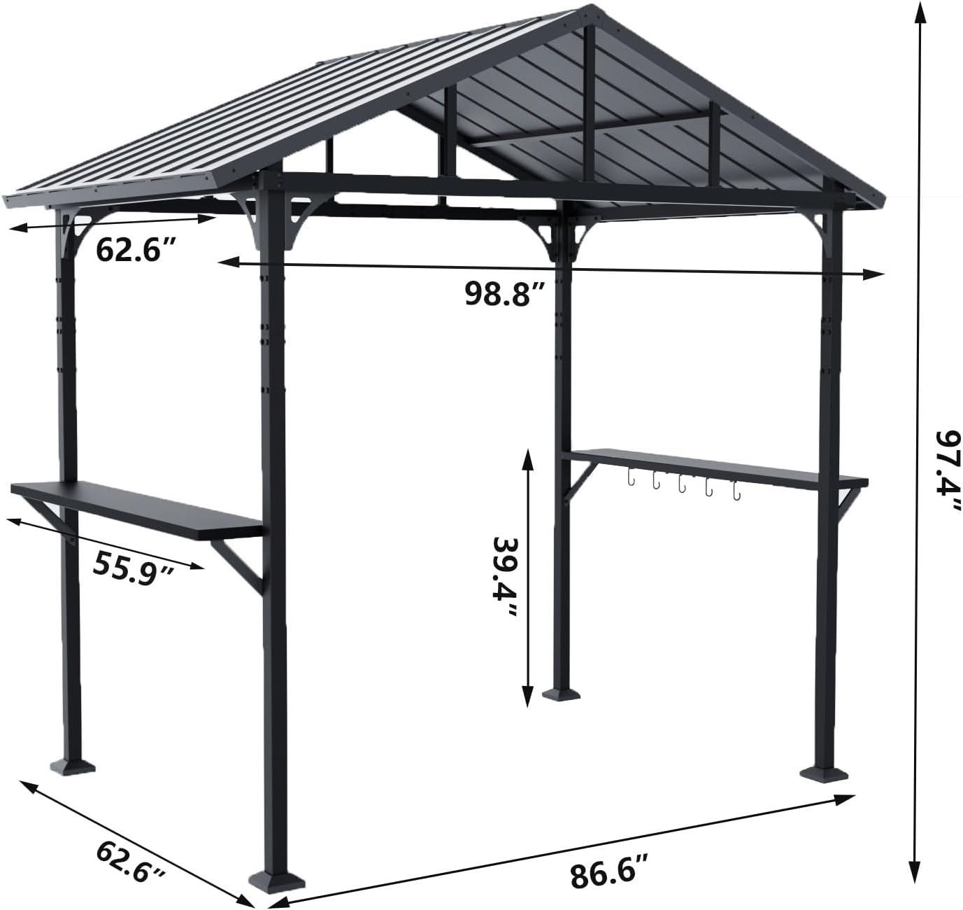Gotland 8' x 5' Grill Gazebo, Outdoor Metal BBQ Gazebo with Triangular Structure Roof & Drainage Holes, Grill Canopy with 2 Side Shelves, for Deck Lawn Backyard