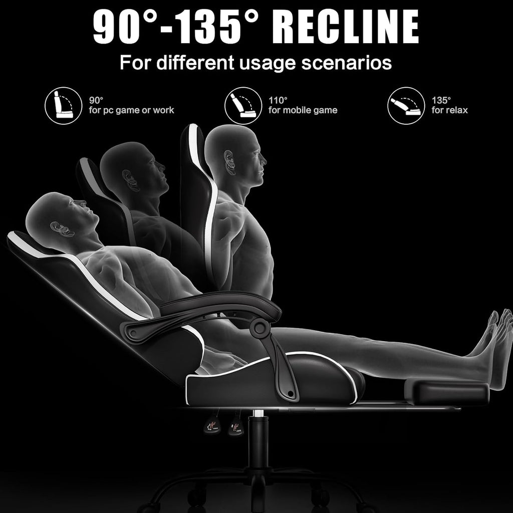 Czlolo Gaming Chair, Ergonomic Office Computer Chair with Footrest and Lumbar Support Massager Racing Style High Back Video Gamer Chair, Wide＆Thick Cushion, 90°-135° Recline, Adjustable Height, White