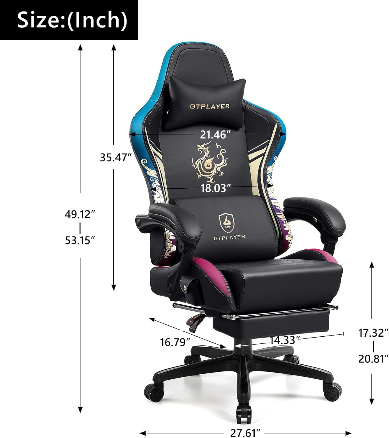 GTPLAYER Gaming Chair with Bluetooth Speakers and Footrest, Dragon Series Video Game Chair, Heavy Duty Ergonomic Chair, Esports Gaming Chair, Computer Office Desk Chair(DEEP Black)
