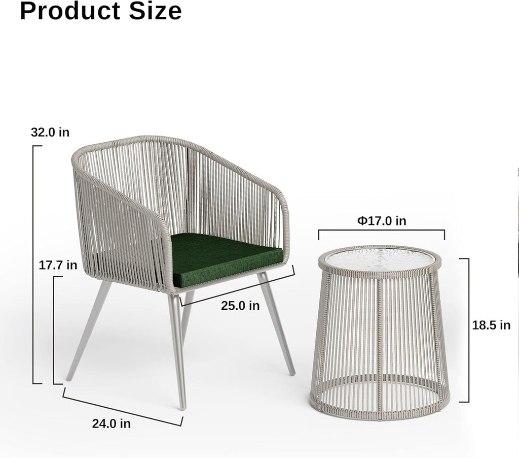 East Oak 3-Piece Patio Bistro Set, Patio Conversation Set with 2 Wide Ergonomic Chairs, Cushions & Glass Top Side Table, Outdoor All-Weather Wicker Furniture for Porch, Upgrade Ivory & Jungle Green