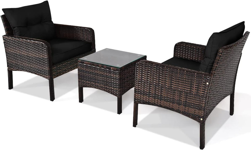 Tangkula 3 Piece Outdoor Patio Furniture Set, Wicker Chairs Set with Glass Top Coffee Table, Thick Cushions, All Weather Garden Lawn Poolside Backyard Porch Furniture Set for 2 (Black)