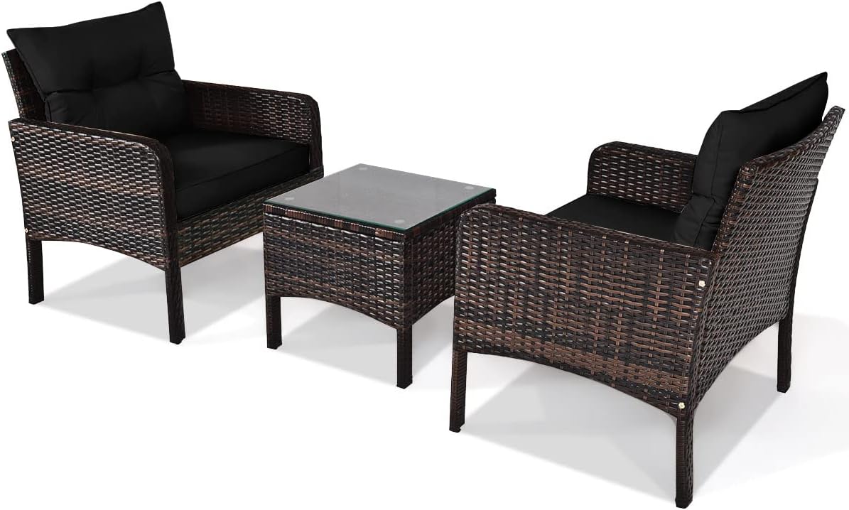 Tangkula 3 Piece Outdoor Patio Furniture Set, Wicker Chairs Set with Glass Top Coffee Table, Thick Cushions, All Weather Garden Lawn Poolside Backyard Porch Furniture Set for 2 (Black)