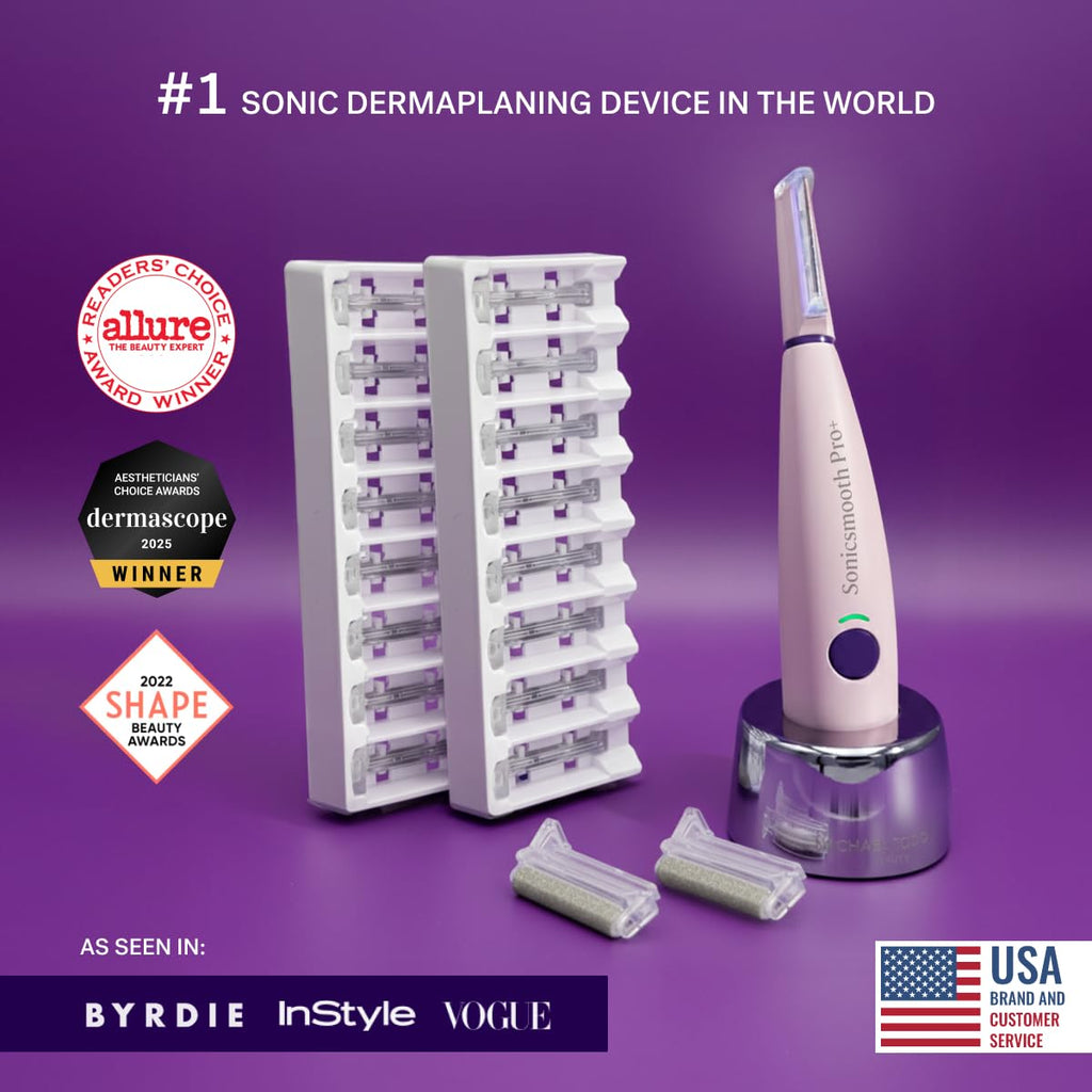 Michael Todd Beauty Sonicsmooth Pro+ Dermaplane Razor for Women Face + Eyebrow Trimmer Dermaplaning System w/LED Light Peach Fuzz Remover -16 Dermaplaning Blades & 2 Microsmooth Exfoliation Tips