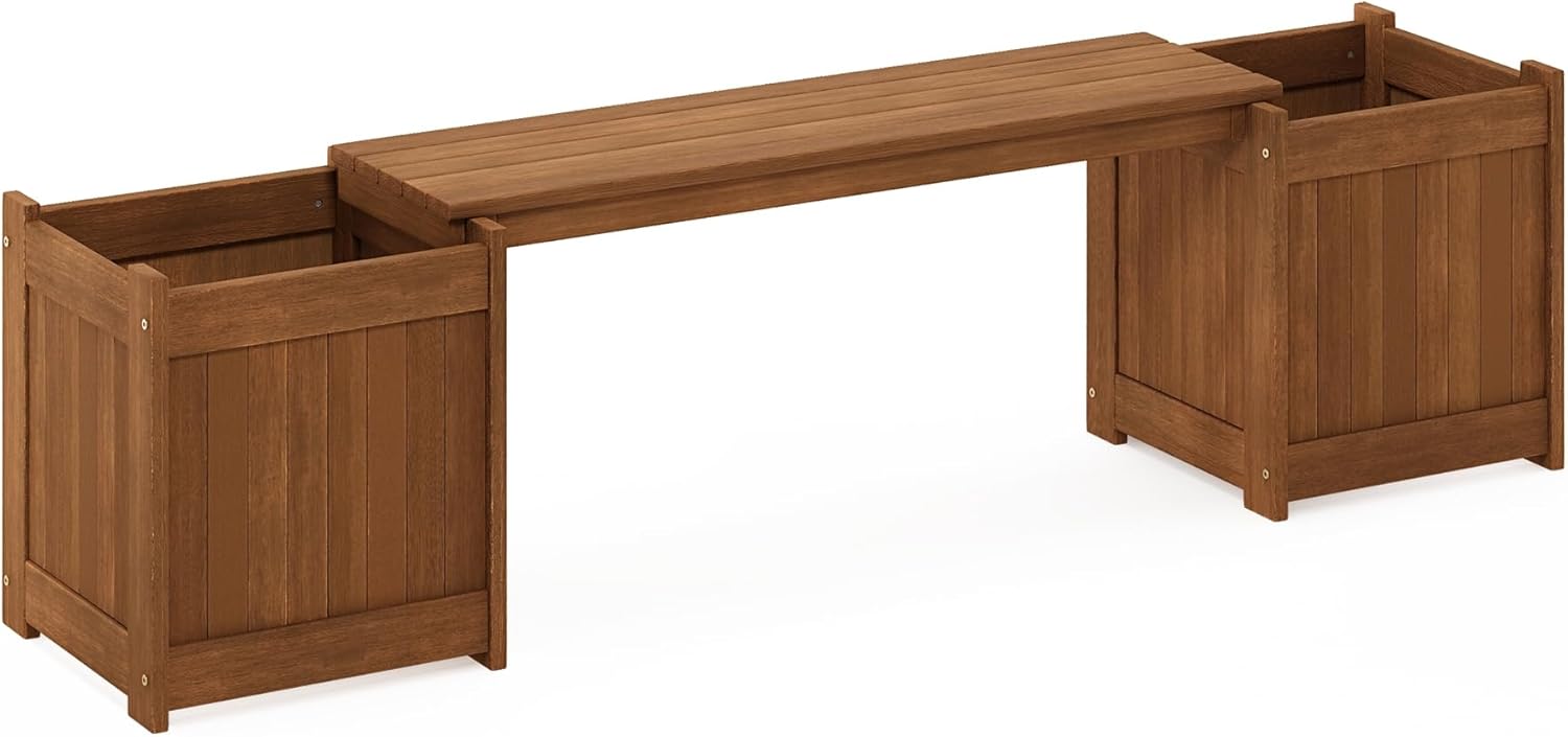 Furinno TIOMAN Planter Box with Bench, Hardwood Flower Box with Seat, Cube Garden Box, in Teak Oil, Outdoor Indoor, Garden, Patio, Balcony, Light Wood